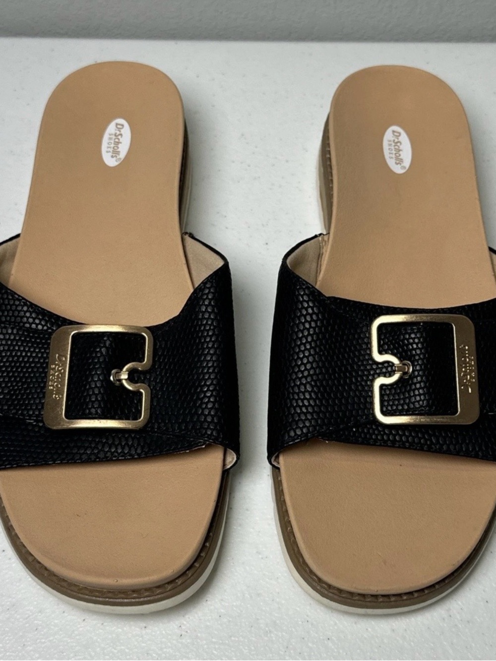 Dr. Scholl's Black Slide Sandals with Gold Buckle